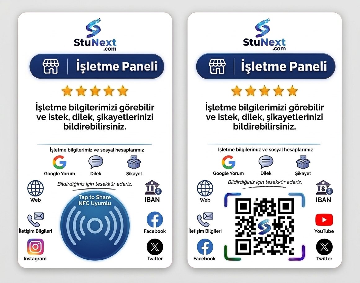 StuNext stand: ön yüzü NFC, arka yüzü QR